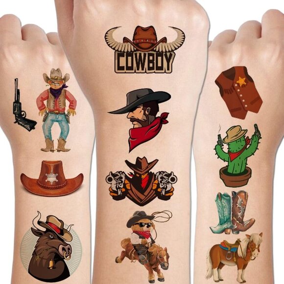 CHARLENT Cowboy Temporary Tattoos for Kids, 100 PCS Western Tattoos for Parties - Picture 1 of 6